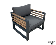 CIEUX Club Chair Canvas Charcoal Avignon Outdoor Patio Aluminum Metal Club Chair in Midnight Grey with Sunbrella Cushions in Canvas Charcoal