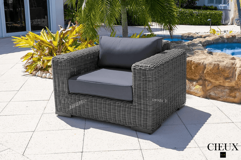 CIEUX Club Chair Canvas Charcoal Champagne Outdoor Patio Wicker Club Chair in Grey with Sunbrella Cushions - Available in 2 Colours