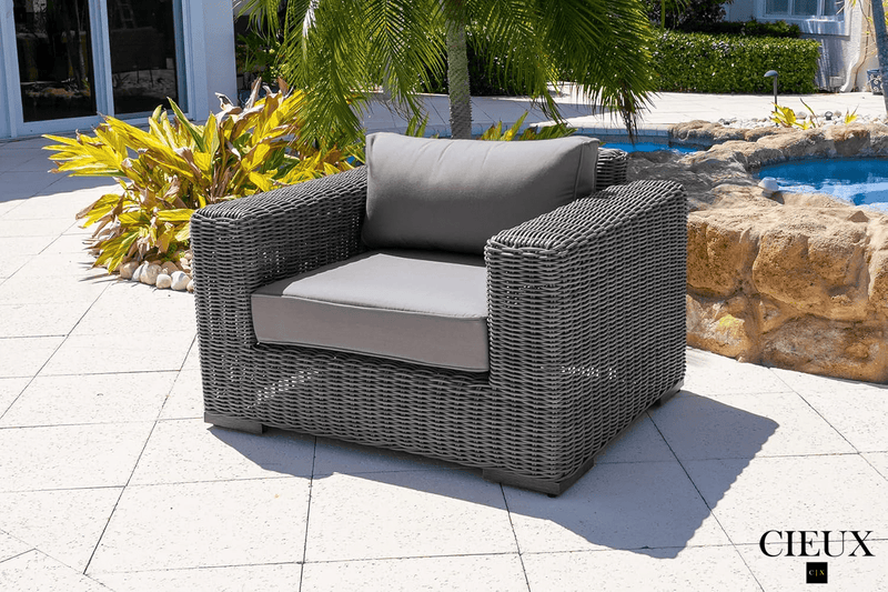 CIEUX Club Chair Canvas Taupe Champagne Outdoor Patio Wicker Club Chair in Grey with Sunbrella Cushions - Available in 2 Colours