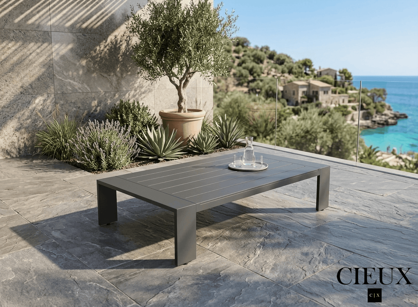 CIEUX Coffee Table Lyon Outdoor Patio Aluminum Metal Rectangular Coffee Table in Midnight Grey