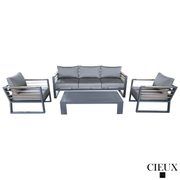CIEUX Conversation Set Avignon 4 Piece Outdoor Patio Aluminum Metal Sofa and 2 Club Chairs Conversation Set and Lyon Coffee Table in Midnight Grey with Sunbrella Cushions in Canvas Charcoal