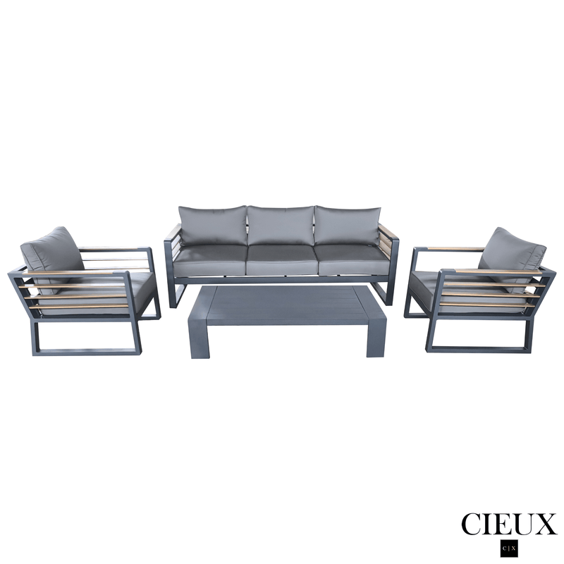 CIEUX Conversation Set Avignon 4 Piece Outdoor Patio Aluminum Metal Sofa and 2 Club Chairs Conversation Set and Lyon Coffee Table in Midnight Grey with Sunbrella Cushions in Canvas Charcoal