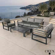 CIEUX Conversation Set Avignon 4 Piece Outdoor Patio Aluminum Metal Sofa and 2 Club Chairs Conversation Set and Lyon Coffee Table in Midnight Grey with Sunbrella Cushions in Canvas Charcoal