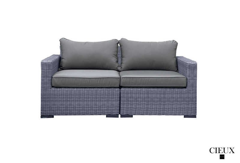 CIEUX Conversation Set Cannes 4 Piece Outdoor Patio Wicker Loveseat, 2 Armless Chairs and Ottoman Set in Grey Wicker with Sunbrella Cushions in Canvas Charcoal
