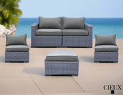 CIEUX Conversation Set Cannes 4 Piece Outdoor Patio Wicker Loveseat, 2 Armless Chairs and Ottoman Set in Grey Wicker with Sunbrella Cushions in Canvas Charcoal