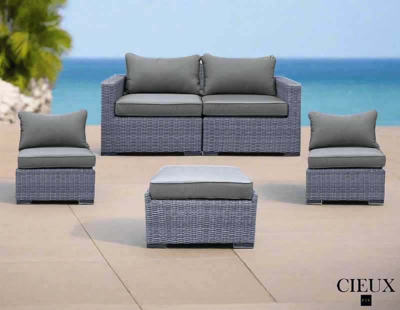 CIEUX Conversation Set Cannes 4 Piece Outdoor Patio Wicker Loveseat, 2 Armless Chairs and Ottoman Set in Grey Wicker with Sunbrella Cushions in Canvas Charcoal