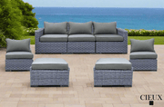 CIEUX Conversation Set Cannes 5 Piece Outdoor Patio Wicker Sofa, 2 Armless Chairs and 2 Ottomans Set in Grey Wicker with Sunbrella Cushions in Canvas Charcoal