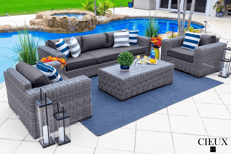 CIEUX Conversation Set Canvas Charcoal Champagne Outdoor Patio Wicker Sofa Conversation Set in Grey with Sunbrella Cushions - Available in 2 Colours