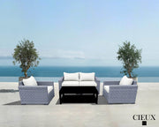 CIEUX Conversation Set Canvas Natural Cannes Outdoor Patio Wicker Loveseat Conversation Set in Grey Wicker with Sunbrella Cushions
