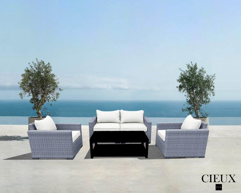 CIEUX Conversation Set Canvas Natural Cannes Outdoor Patio Wicker Loveseat Conversation Set in Grey Wicker with Sunbrella Cushions