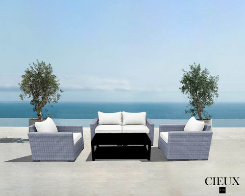 CIEUX Conversation Set Canvas Natural Cannes Outdoor Patio Wicker Loveseat Conversation Set in Grey Wicker with Sunbrella Cushions