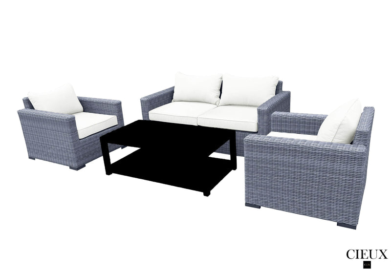 CIEUX Conversation Set Canvas Natural Cannes Outdoor Patio Wicker Loveseat Conversation Set in Grey Wicker with Sunbrella Cushions