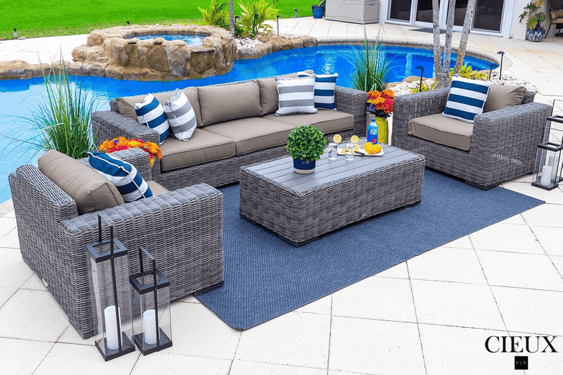 CIEUX Conversation Set Canvas Taupe Champagne Outdoor Patio Wicker Sofa Conversation Set in Grey with Sunbrella Cushions - Available in 2 Colours