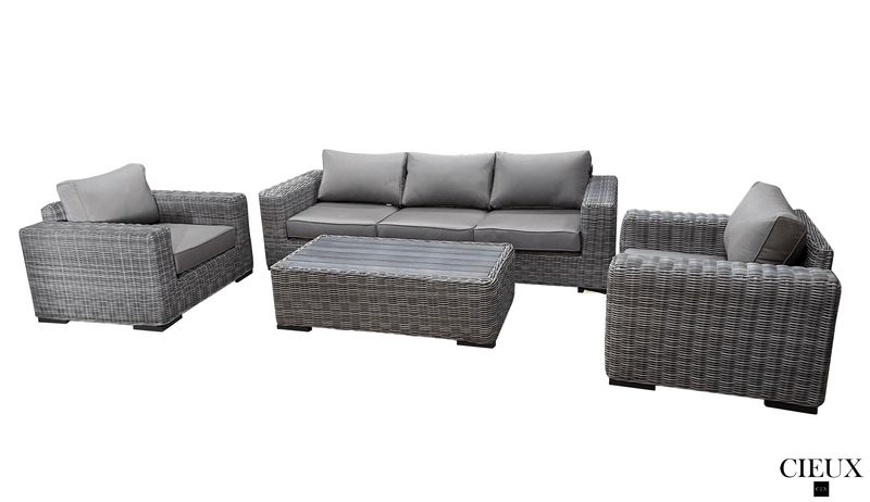 CIEUX Conversation Set Champagne Outdoor Patio Wicker Sofa Conversation Set in Grey with Sunbrella Cushions - Available in 2 Colours