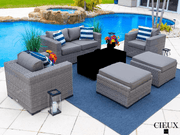 CIEUX Conversation Set Riviera Outdoor Patio Wicker Loveseat, 2 Club Chairs and 2 Ottomans Set in Grey with Sunbrella Canvas Charcoal Cushions