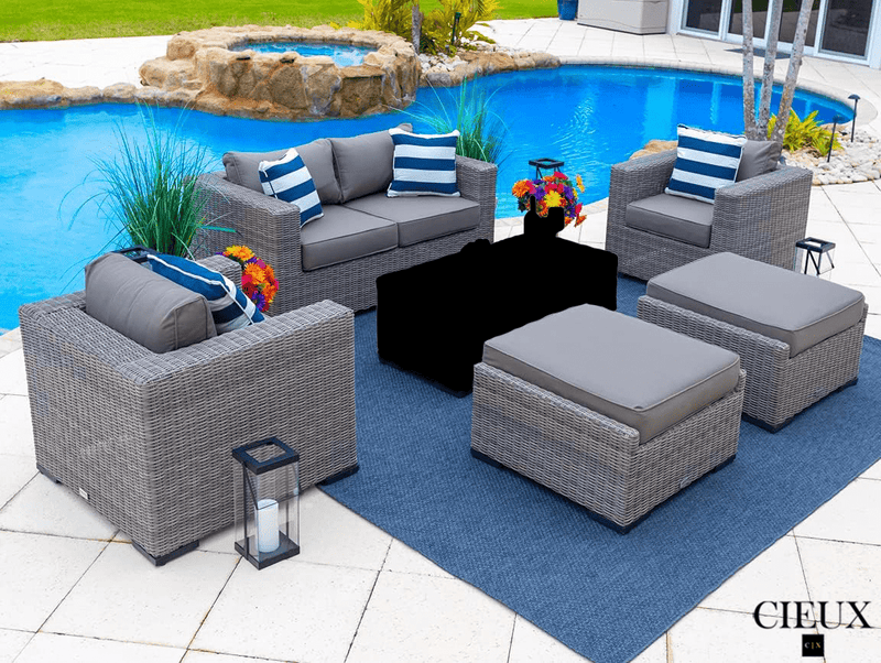 CIEUX Conversation Set Riviera Outdoor Patio Wicker Loveseat, 2 Club Chairs and 2 Ottomans Set in Grey with Sunbrella Canvas Charcoal Cushions