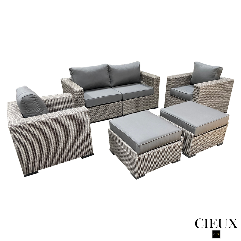 CIEUX Conversation Set Riviera Outdoor Patio Wicker Loveseat, 2 Club Chairs and 2 Ottomans Set in Grey with Sunbrella Canvas Charcoal Cushions