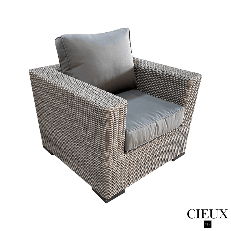 CIEUX Conversation Set Riviera Outdoor Patio Wicker Loveseat, 2 Club Chairs and 2 Ottomans Set in Grey with Sunbrella Canvas Charcoal Cushions
