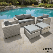 CIEUX Conversation Set Riviera Outdoor Patio Wicker Loveseat, 2 Club Chairs and 2 Ottomans Set in Grey with Sunbrella Canvas Charcoal Cushions