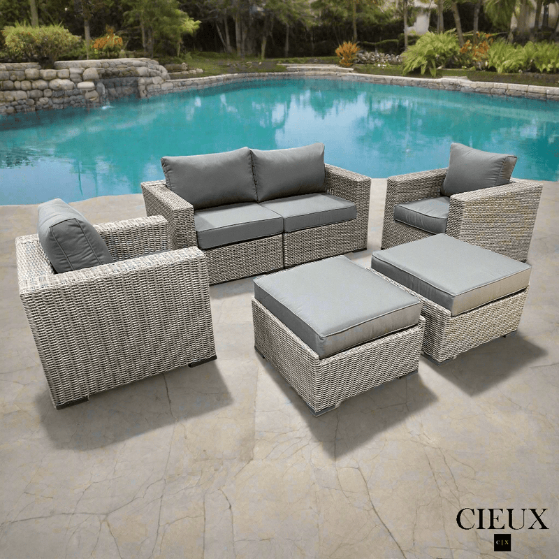 CIEUX Conversation Set Riviera Outdoor Patio Wicker Loveseat, 2 Club Chairs and 2 Ottomans Set in Grey with Sunbrella Canvas Charcoal Cushions