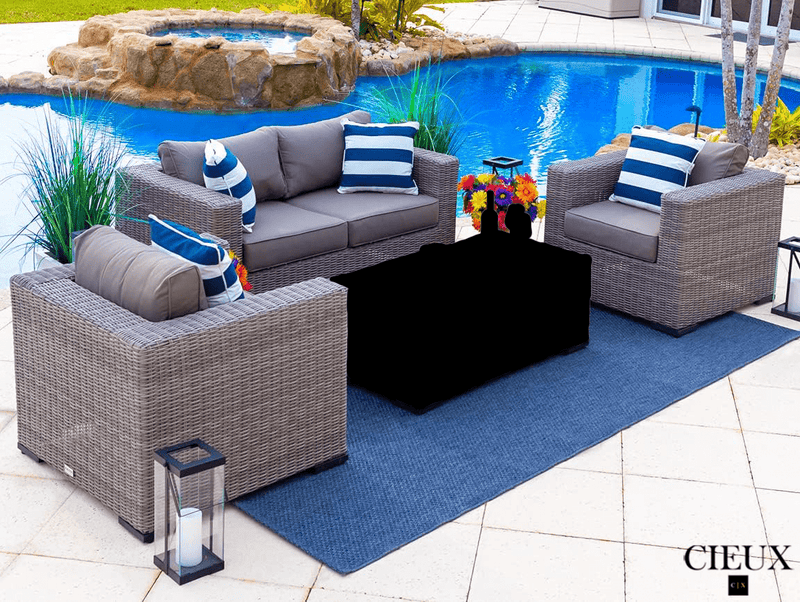 CIEUX Conversation Set Riviera Outdoor Patio Wicker Loveseat and 2 Club Chairs Set in Grey with Sunbrella Canvas Charcoal Cushions