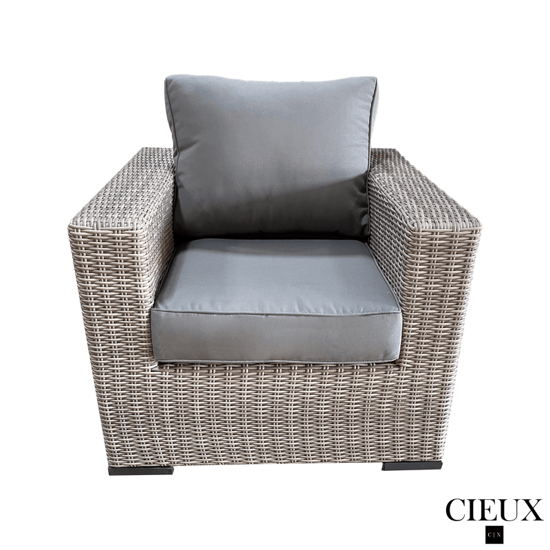 CIEUX Conversation Set Riviera Outdoor Patio Wicker Loveseat and 2 Club Chairs Set in Grey with Sunbrella Canvas Charcoal Cushions