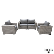 CIEUX Conversation Set Riviera Outdoor Patio Wicker Loveseat and 2 Club Chairs Set in Grey with Sunbrella Canvas Charcoal Cushions