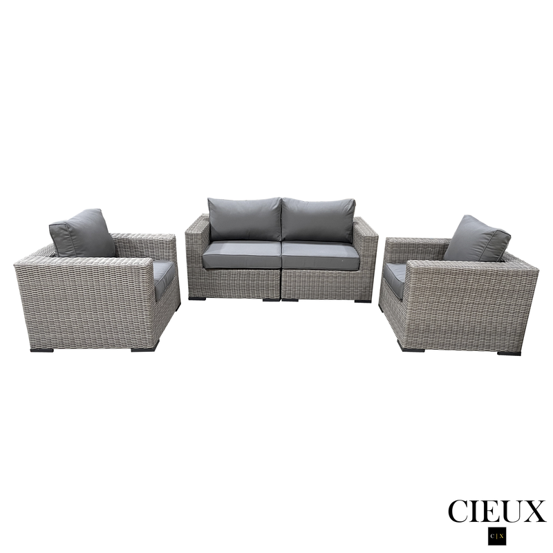 CIEUX Conversation Set Riviera Outdoor Patio Wicker Loveseat and 2 Club Chairs Set in Grey with Sunbrella Canvas Charcoal Cushions
