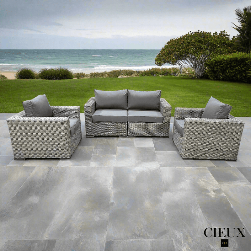 CIEUX Conversation Set Riviera Outdoor Patio Wicker Loveseat and 2 Club Chairs Set in Grey with Sunbrella Canvas Charcoal Cushions