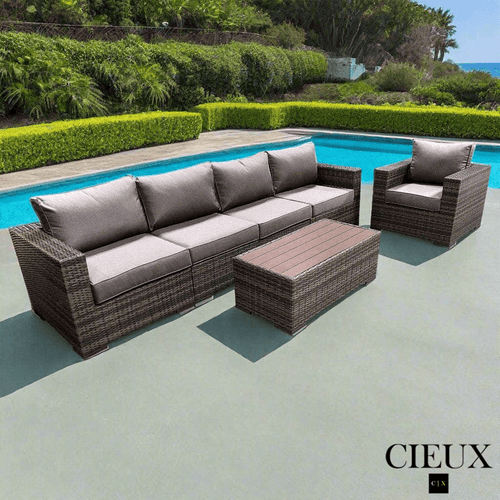 CIEUX Conversation Set Valence Outdoor Patio Wicker Large Sofa, Club Chair and Coffee Table Set in Brown with Sunbrella Canvas Taupe Cushions