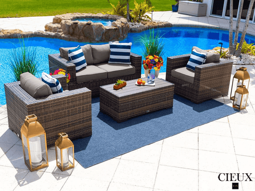 CIEUX Conversation Set Valence Outdoor Patio Wicker Loveseat Conversation Set in Brown with Sunbrella Canvas Taupe Cushions