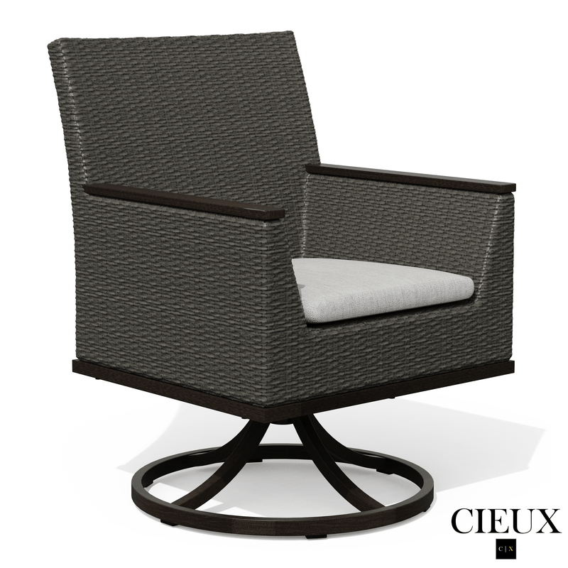 Cieux Dining Set Loire Outdoor Patio Aluminum Metal 7 Piece Dining Table Set with 4 Arm Chairs, 2 Swivel Arm Chairs and Sunbrella Cast Silver Cushions