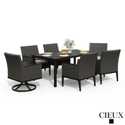 Cieux Dining Set Loire Outdoor Patio Aluminum Metal 7 Piece Dining Table Set with 4 Arm Chairs, 2 Swivel Arm Chairs and Sunbrella Cast Silver Cushions