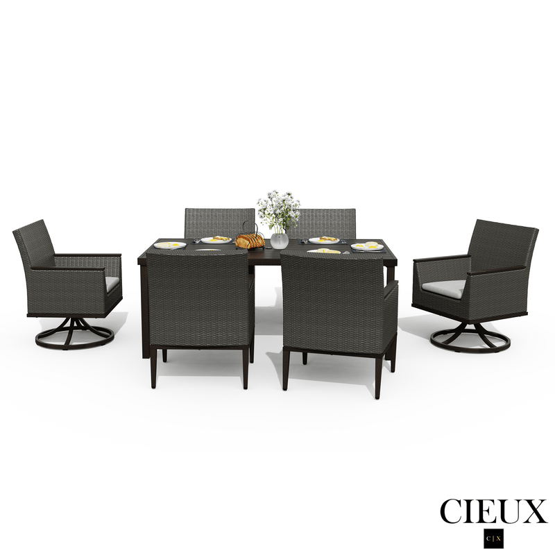 Cieux Dining Set Loire Outdoor Patio Aluminum Metal 7 Piece Dining Table Set with 4 Arm Chairs, 2 Swivel Arm Chairs and Sunbrella Cast Silver Cushions