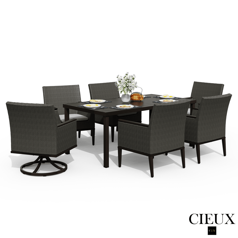 Cieux Dining Set Loire Outdoor Patio Aluminum Metal 7 Piece Dining Table Set with 4 Arm Chairs, 2 Swivel Arm Chairs and Sunbrella Cast Silver Cushions