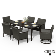Cieux Dining Set Loire Outdoor Patio Aluminum Metal 7 Piece Dining Table Set with 4 Arm Chairs, 2 Swivel Arm Chairs and Sunbrella Cast Silver Cushions