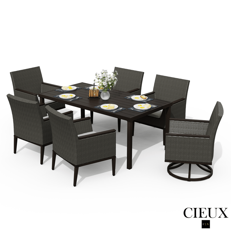 Cieux Dining Set Loire Outdoor Patio Aluminum Metal 7 Piece Dining Table Set with 4 Arm Chairs, 2 Swivel Arm Chairs and Sunbrella Cast Silver Cushions