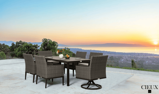 CIEUX Dining Set Loire Outdoor Patio Aluminum Metal 7 Piece Dining Table Set with 4 Arm Chairs, 2 Swivel Arm Chairs and Sunbrella Cast Silver Cushions