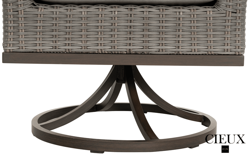 CIEUX Dining Set Loire Outdoor Patio Aluminum Metal 7 Piece Dining Table Set with 4 Arm Chairs, 2 Swivel Arm Chairs and Sunbrella Cast Silver Cushions