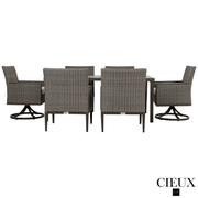 CIEUX Dining Set Loire Outdoor Patio Aluminum Metal 7 Piece Dining Table Set with 4 Arm Chairs, 2 Swivel Arm Chairs and Sunbrella Cast Silver Cushions