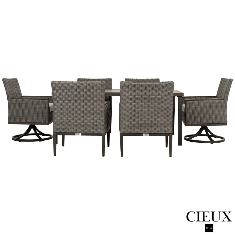 CIEUX Dining Set Loire Outdoor Patio Aluminum Metal 7 Piece Dining Table Set with 4 Arm Chairs, 2 Swivel Arm Chairs and Sunbrella Cast Silver Cushions