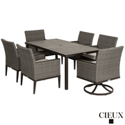 CIEUX Dining Set Loire Outdoor Patio Aluminum Metal 7 Piece Dining Table Set with 4 Arm Chairs, 2 Swivel Arm Chairs and Sunbrella Cast Silver Cushions