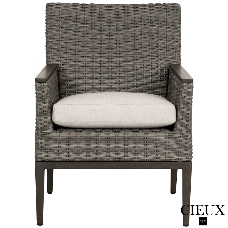 CIEUX Dining Set Loire Outdoor Patio Aluminum Metal 7 Piece Dining Table Set with 4 Arm Chairs, 2 Swivel Arm Chairs and Sunbrella Cast Silver Cushions