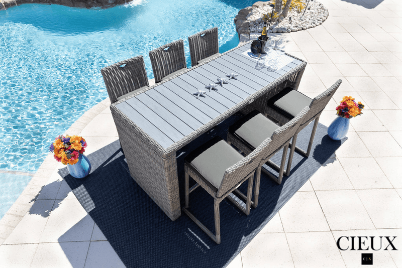 CIEUX Dining Set Riviera Outdoor Patio Wicker Bar Table and 6 Chairs Set in Grey with Sunbrella Canvas Charcoal Cushions