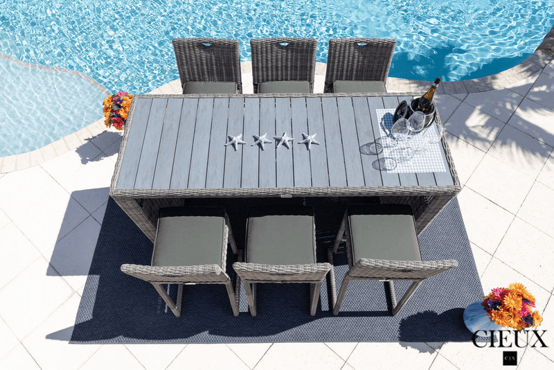 CIEUX Dining Set Riviera Outdoor Patio Wicker Bar Table and 6 Chairs Set in Grey with Sunbrella Canvas Charcoal Cushions