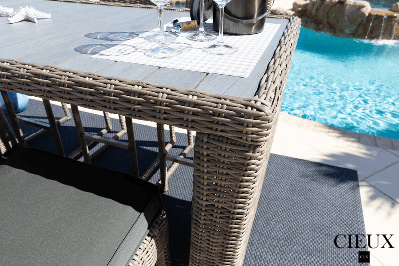 CIEUX Dining Set Riviera Outdoor Patio Wicker Bar Table and 6 Chairs Set in Grey with Sunbrella Canvas Charcoal Cushions