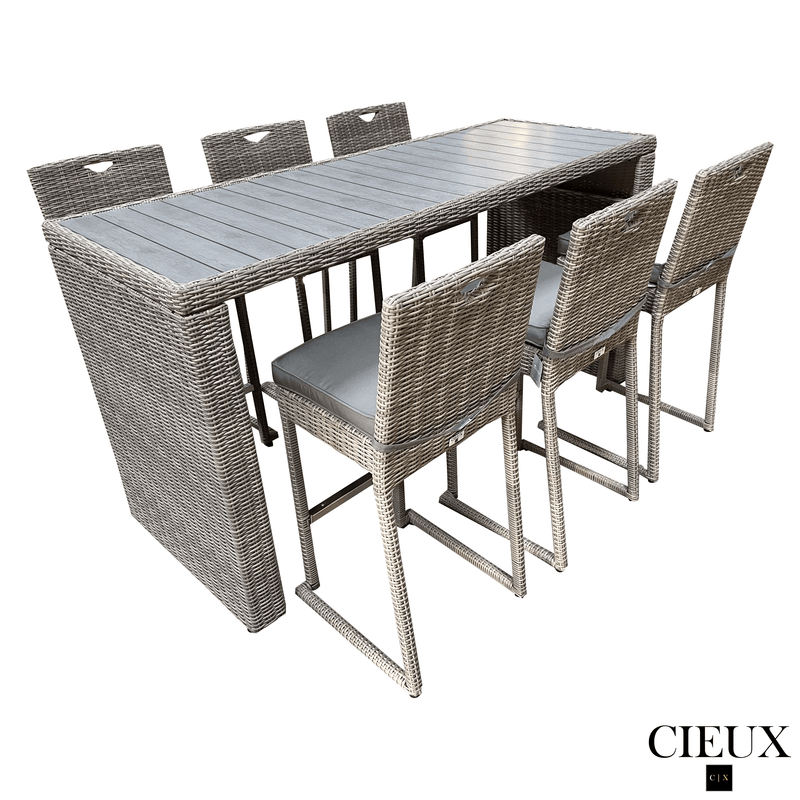 CIEUX Dining Set Riviera Outdoor Patio Wicker Bar Table and 6 Chairs Set in Grey with Sunbrella Canvas Charcoal Cushions