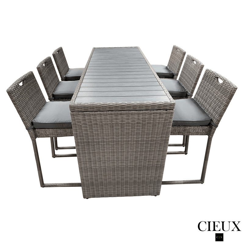 CIEUX Dining Set Riviera Outdoor Patio Wicker Bar Table and 6 Chairs Set in Grey with Sunbrella Canvas Charcoal Cushions