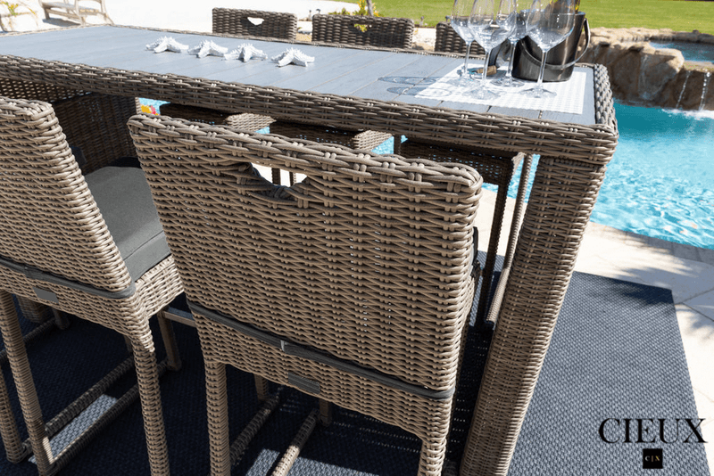 CIEUX Dining Set Riviera Outdoor Patio Wicker Bar Table and 6 Chairs Set in Grey with Sunbrella Canvas Charcoal Cushions