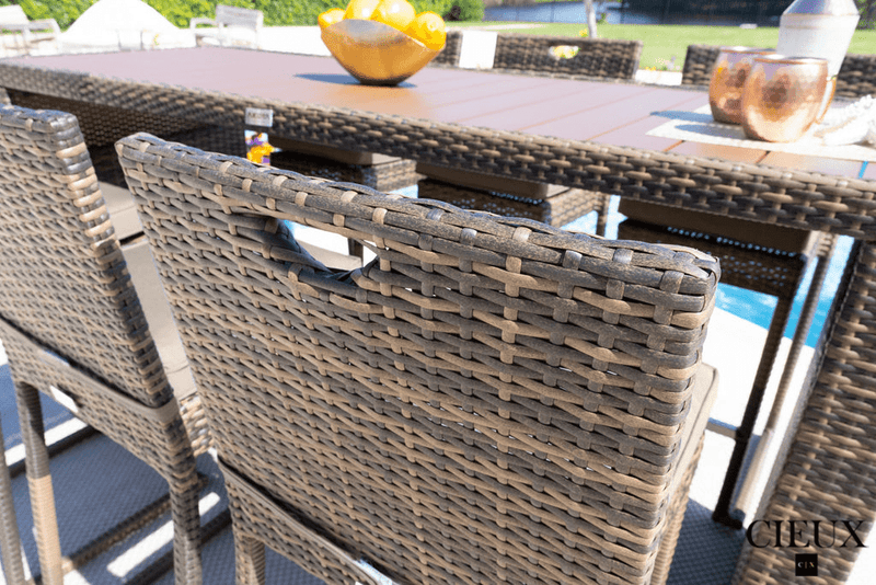 CIEUX Dining Set Valence Outdoor Patio Wicker Bar Table and 6 Chairs Set in Brown with Sunbrella Canvas Taupe Cushions